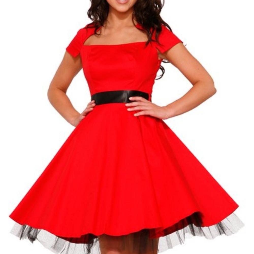 Vintage Style Red and Black Taffeta Full Skirted Pinup Dress